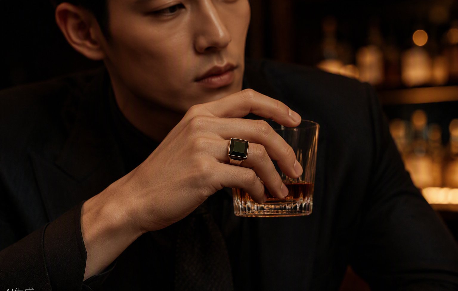 手持威士忌杯佩戴墨翠方印戒指 Whisky glass with black jade signet ring
