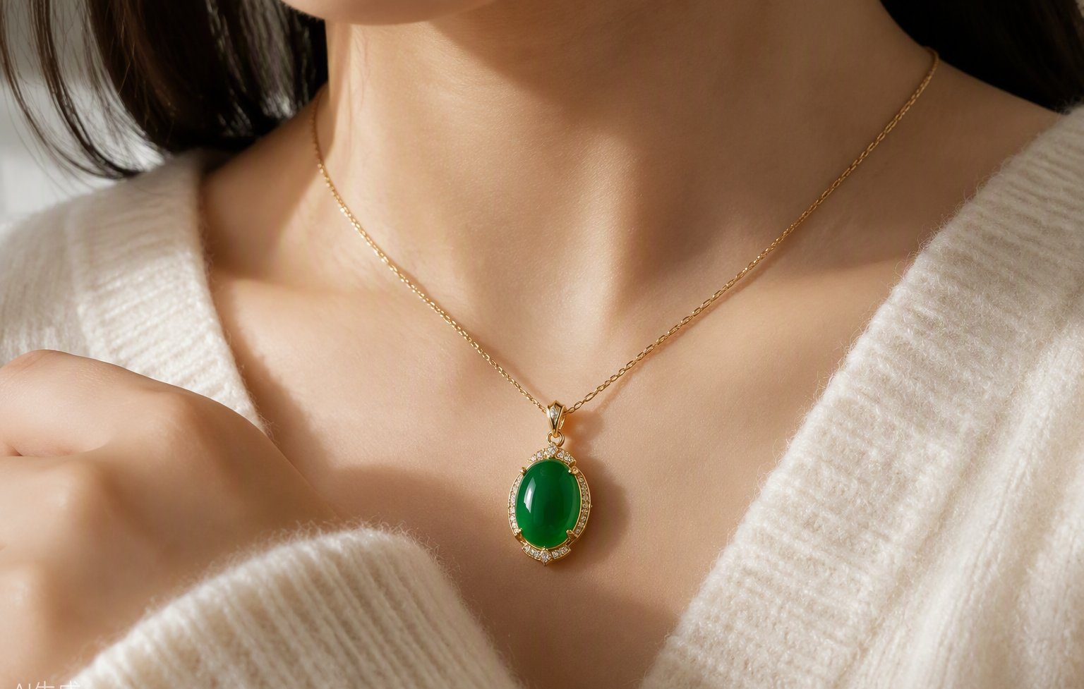 針織衫搭配帝王綠翡翠吊墜 Knit with imperial green jadeite pendant