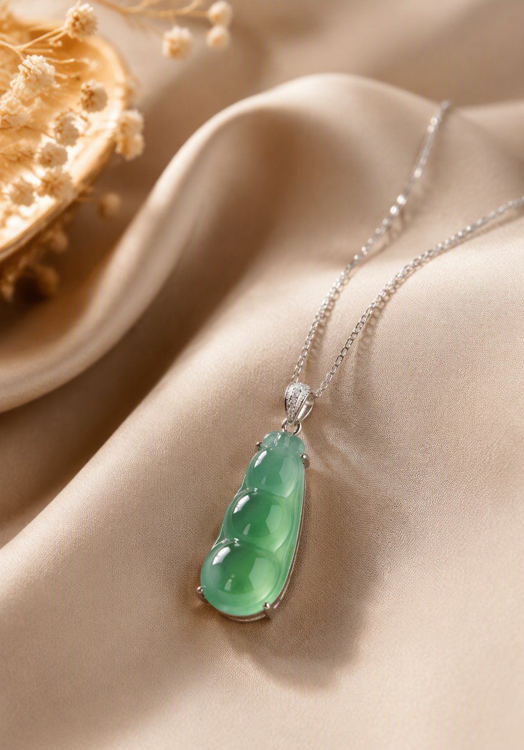 「福豆」翡翠銀墜 Blessing bean jadeite pendant